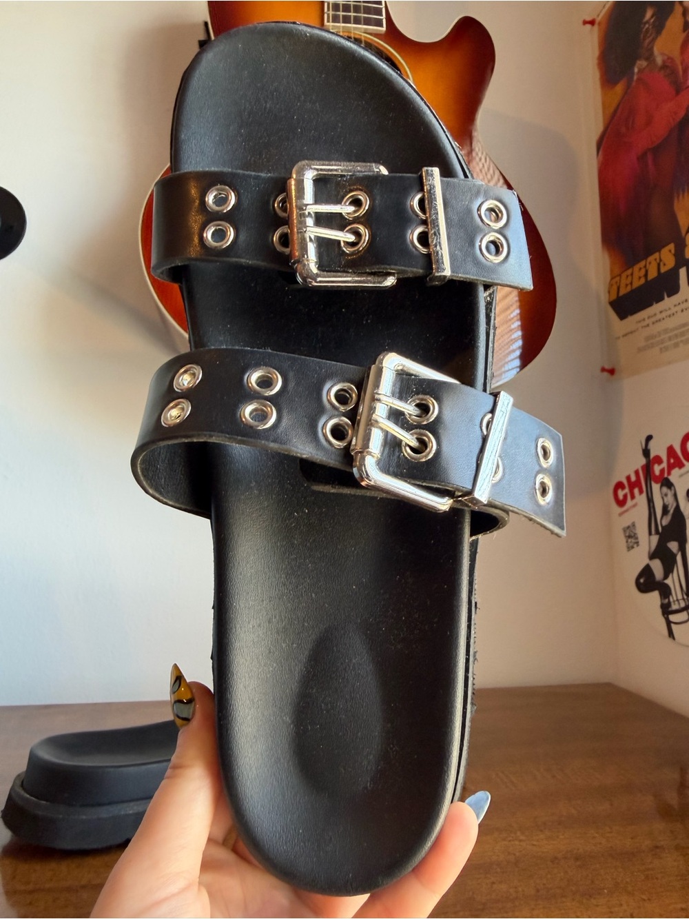 Double Buckle Adjustable Punk Slide Sandals with Silver Hardware